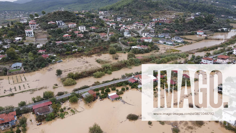 Heavy rainfall causes flooding in Mugla, Turkiye MUGLA, TURKIYE - OCTOBER 28: An aerial view of flooded residential areas and agricultural fields after heavy rainfall caused the Tersakan Stream to overflow in Dalaman district of Mugla, Turkiye, on October 28, 2026. Floodwaters inundated homes, businesses and farmland, while some roads were closed to traffic. Durmus Genc Anadolu Mugla Turkey. Editorial use only. Please get in touch for any other usage.