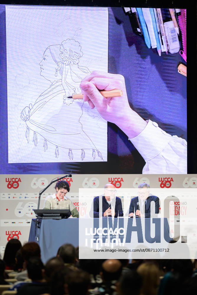 Alessandro Barbero, alongside co-authors Davide Savelli and Iris Biasio, presents Garribaldi. The British Tour, his first comic book published by Rizzoli Lizard, at the 60th edition of Lucca Comics & Games, Lucca, October 28, 2026. Lucca Italy - ZUMAa289 20261028_zia_a289_250