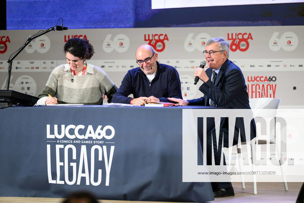 Alessandro Barbero, alongside co-authors Davide Savelli and Iris Biasio, presents Garribaldi. The British Tour, his first comic book published by Rizzoli Lizard, at the 60th edition of Lucca Comics & Games, Lucca, October 28, 2026. Lucca Italy - ZUMAa289 20261028_zia_a289_267