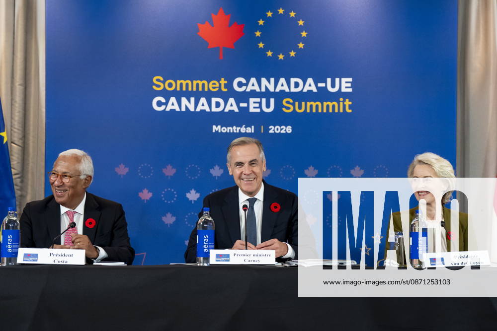 Prime Minister Mark Carney, centre, gives remarks alongside, President of the European Council, Antonio Costa, left, and President of the European Commission, Ursula von der Leyen, at a roundtable with business leaders during the Canada-EU Summit, in Montreal, on Thursday, Oct. 29, 2026. Montreal CANADA - ZUMAc35_ 20261029_zaf_c35_096