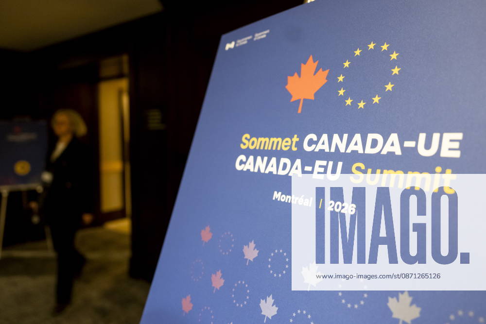 Signage for the Canada-EU summit, in Montreal, is seen on Thursday, Oct. 29, 2026. Montreal CANADA - ZUMAc35_ 20261029_zaf_c35_148