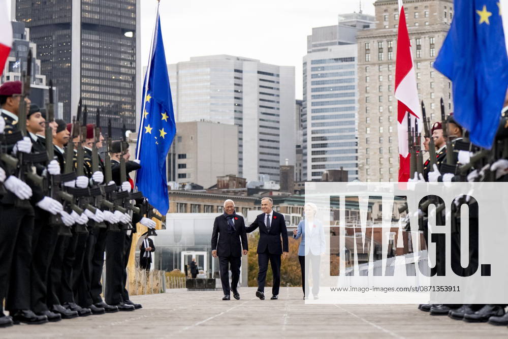 Prime Minister Mark Carney, centre, arrives at the Canada-EU Summit with President of the European Council, Antonio Costa, left, and President of the European Commission, Ursula von der Leyen, in Montreal on Friday, Oct. 30, 2026. Montreal CANADA - ZUMAc35_ 20261030_zaf_c35_003