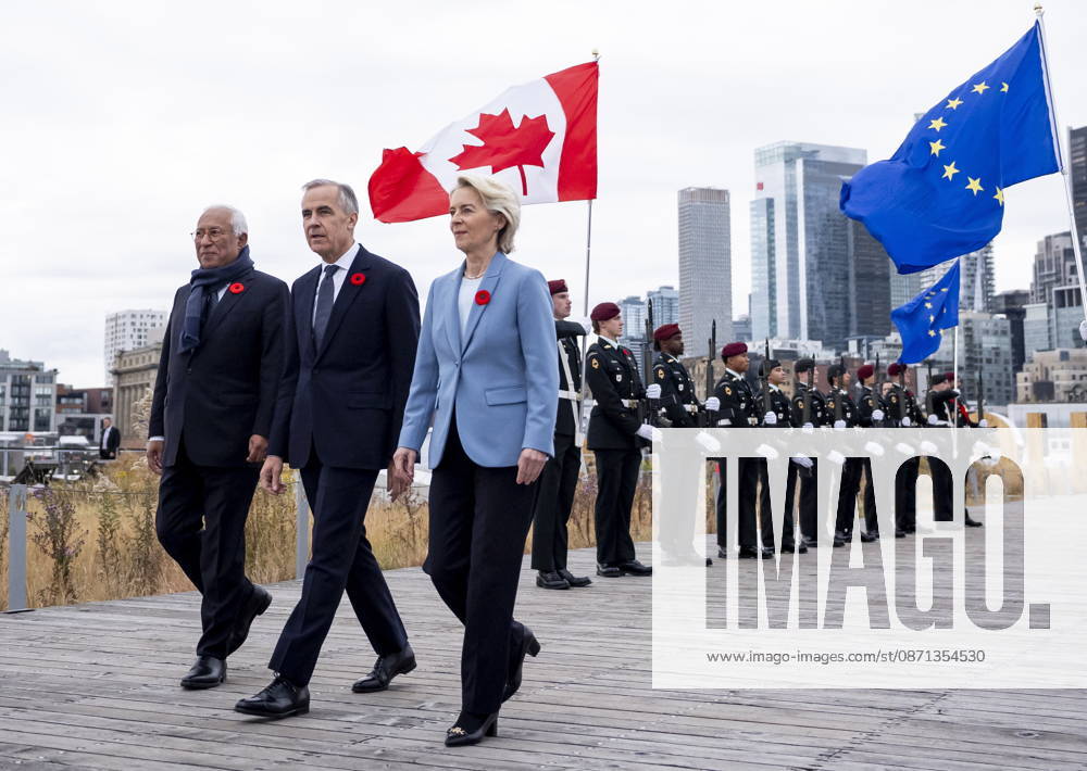 Prime Minister Mark Carney, centre, arrives at the EU-Canada summit with President of the European Council, Antonio Costa, left, and President of the European Commission, Ursula von der Leyen, in Montreal on Friday, Oct. 30, 2026. Montreal CANADA - ZUMAc35_ 20261030_zaf_c35_006