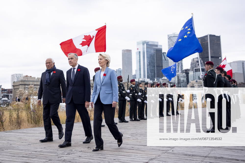 Prime Minister Mark Carney, centre, arrives at the EU-Canada summit with President of the European Council, Antonio Costa, left, and President of the European Commission, Ursula von der Leyen, in Montreal on Friday, Oct. 30, 2026. Montreal CANADA - ZUMAc35_ 20261030_zaf_c35_007
