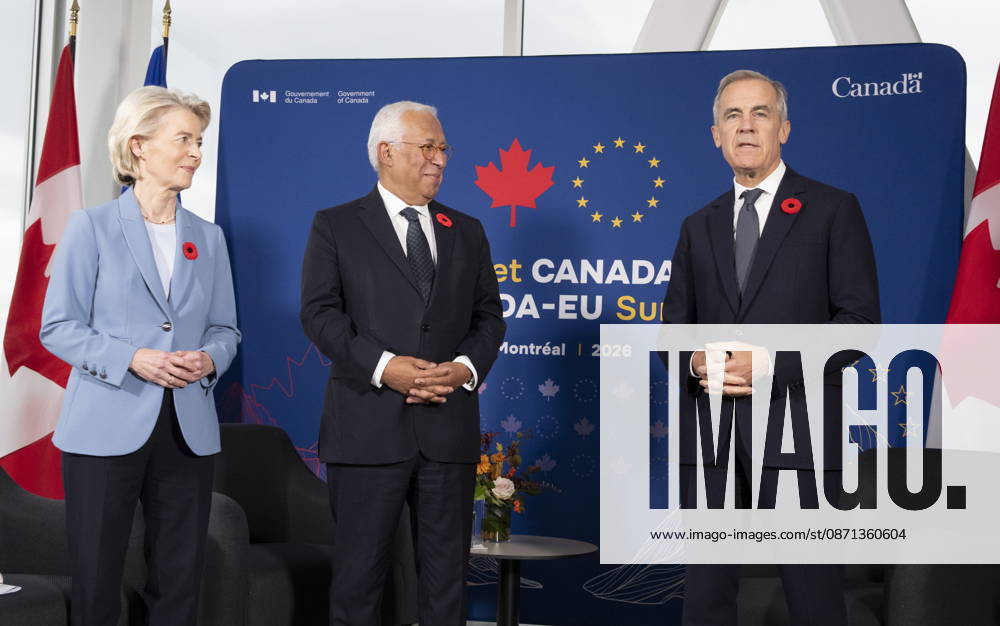 Prime Minister Mark Carney, right, participates in a trilateral meeting with European Commission President Ursula von der Leyen, left and European Council President Antonio Costa during the EU-Canada summit in Montreal on Friday, Oct. 30, 2026. Montreal CANADA - ZUMAc35_ 20261030_zaf_c35_010
