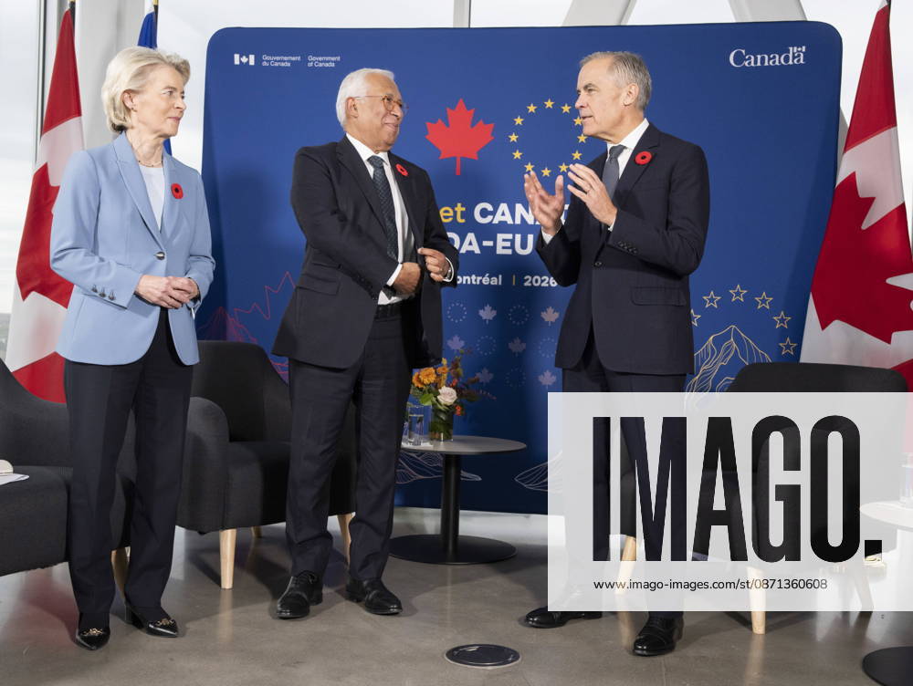 Prime Minister Mark Carney, right, participates in a trilateral meeting with European Commission President Ursula von der Leyen, left and European Council President Antonio Costa during the EU-Canada summit in Montreal on Friday, Oct. 30, 2026. Montreal CANADA - ZUMAc35_ 20261030_zaf_c35_011