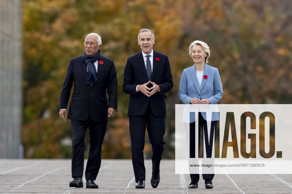 Prime Minister Mark Carney, centre, arrives for the EU-Canada summit with President of the European Council, Antonio Costa, left, and President of the European Commission, Ursula von der Leyen, in Montreal on Friday, Oct. 30, 2026. Montreal CANADA - ZUMAc35_ 20261030_zaf_c35_013