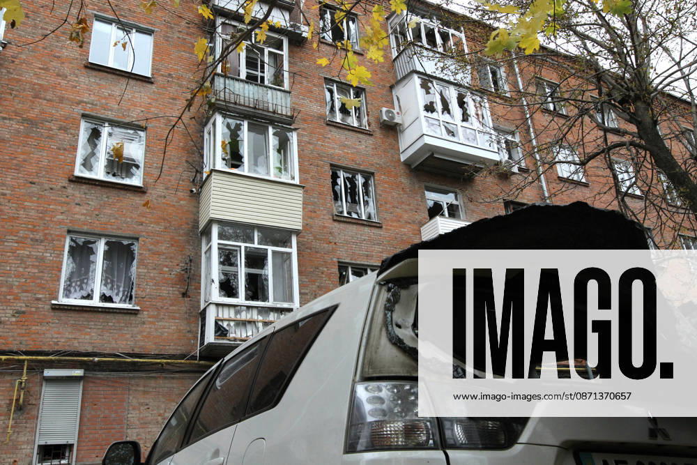 A car is parked outside an apartment block on Oleksandra Polia Avenue damaged by a Russian drone strike in Dnipro, Ukraine, on October 30, 2026. The Russian attack damaged at least five residential high-rise buildings and a school. More than 300 windows were shattered in the strike. (Photo by Mykola Miakshykov Ukrinform) Russian attack damages residential buildings and school in Dnipro