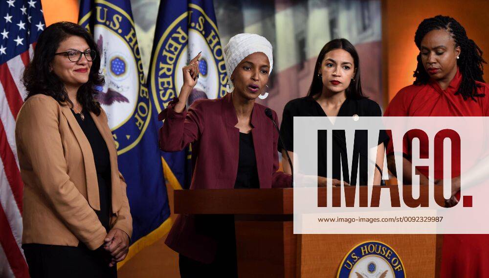 Washington, District of Columbia, USA - July 15, 2019, Washington, District of Columbia, USA - U.S. Rep. ILHAN OMAR (D-MN) speaks at a press conference and Reps. RASHIDA TLAIB (D-MI), ALEXANDRIA OCASIO-CORTEZ (D-NY), AYANNA PRESSLEY (D-MA) listen. Four Democratic progressive Congresswomen make a statement during a press conference at the U.S. Capitol about President Trump s remarks telling them to go back to their home countries which they deemed blatantly racist attacks. Washington USA - ZUMAm67_ 20190715_zaf_m67_049
