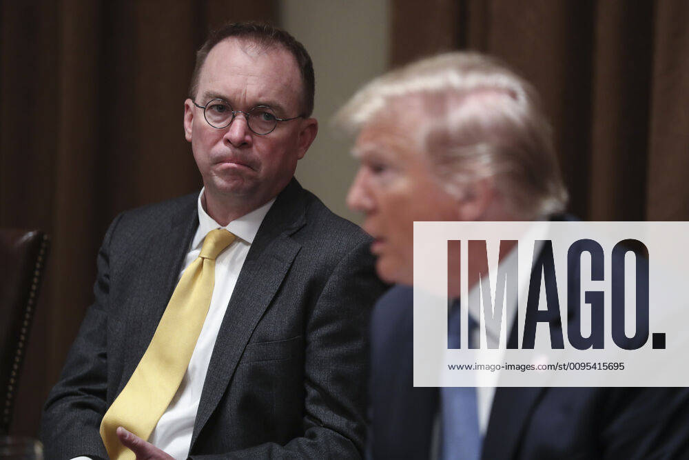 President Donald Trump speaks as White House chief of staff Mick Mulvaney listens, during a luncheon with the Permanent Representatives of the United Nations Security Council in the Cabinet Room of the White House on December 5, 2019 in Washington, DC. Pool photo by Oliver Contreras WAX20191205316 OliverxContreras