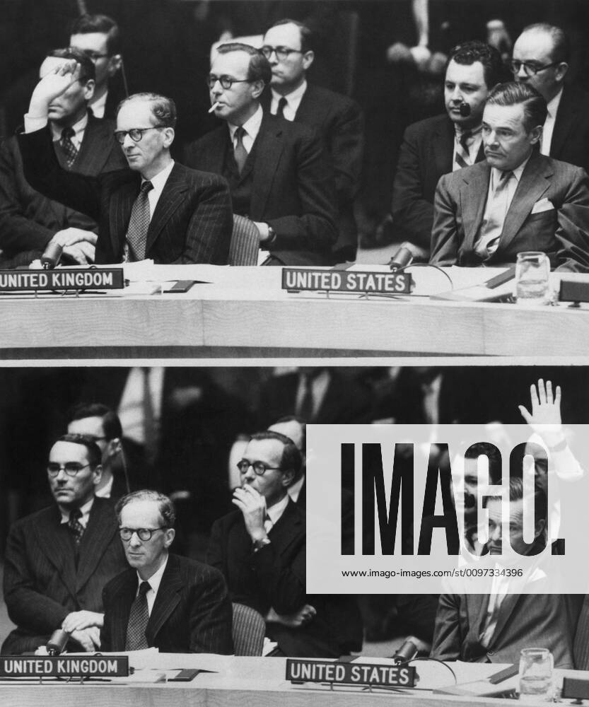 The 1956 Suez Crisis strains Anglo-American relations. TOP: Great Britain s Sir Pierson Dixon voting against a UN resolution that Israel withdraw its armed forces from Egypt. BOTTOM: United States delegate Henry Cabot Lodge voting for the proposal. Oct. 3 Courtesy Everett Collection PUBLICATIONXNOTxINxCANxCHNxFRAxITAxJPNxNORxPOLxRUSxESPxUKxUSA