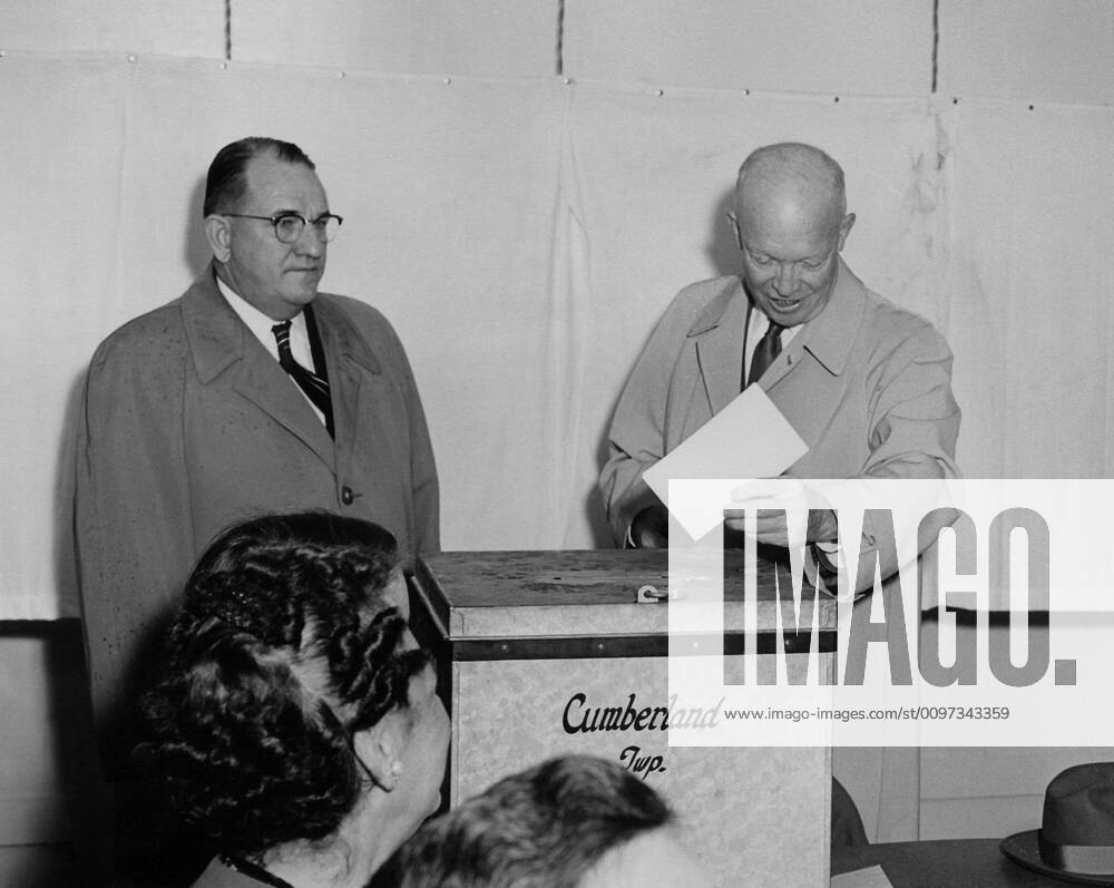 President Eisenhower voting 1956 at the Cumberland County Election House. Nov. 6, 1956. It was near the President s Gettysburg Farm in Pennsylvania. - (BSLOC_2014_16_11) For usage credit please use; PUBLICATIONXNOTxINxCANxCHNxFRAxITAxJPNxNORxPOLxRUSxESPxUKxUSA