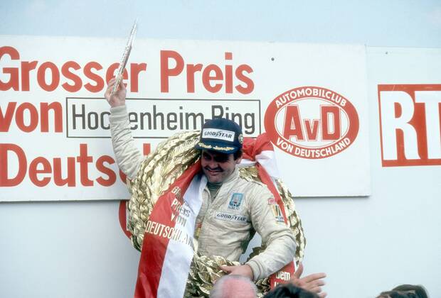 Alan Jones (Australien Williams Ford) - Sieger des GP von Deutschland 1979 -  Motorsport Grand Prix Herren Großer Preis von Deutschland 1979, Formel 1 WM, F1, F, GP Einzelbild Hockenheimring Hockenheim Freude,