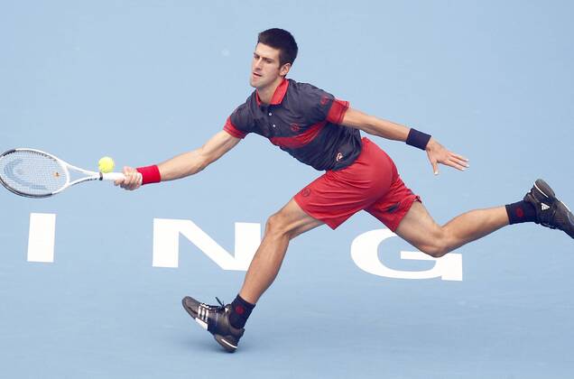 BEIJING, Oct. 9, 2010 - Novak Djokovic of Serbia hits a return during the men s singles semifinal at the China Open tennis tournament in Beijing, capital of China, Oct. 9, 2010.