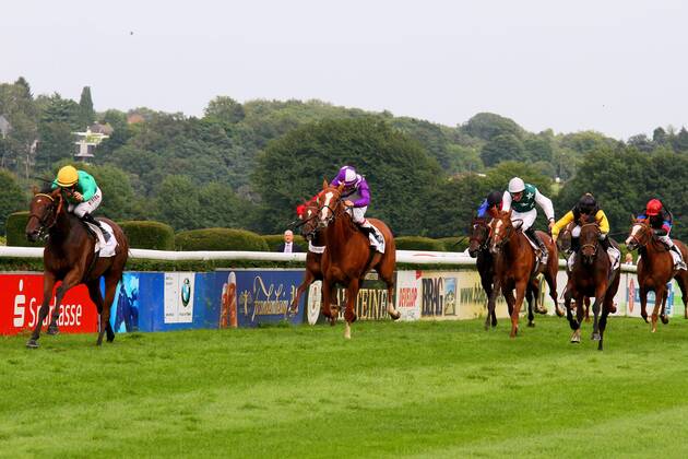 05.08.2012, Duesseldorf, Nordrhein-Westfalen, GER - Salomina mit Filip Minarik gewinnt den Preis der Diana. Galopprennbahn Duesseldorf-Grafenberg. (Pferd, Jockey, Salomina, Minarik, Sieg, Ziel, Zielankunft, Düsseldorf) 949S050812DUESSELDORF