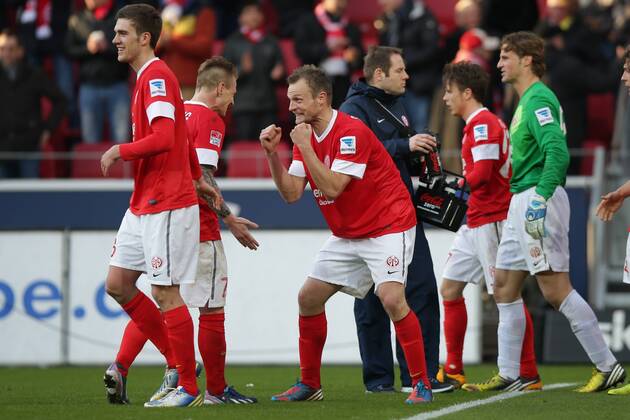09.03.2013 Fussball Bundesliga FSV Mainz 05 - Bayer 04 Leverkusen Spieltag 25 Fussball Maenner Saison 2012 13 Jubel Bo SVENSSON (FSV Mainz 05 - 2) - Niki ZIMLING (FSV Mainz 05 - 7)