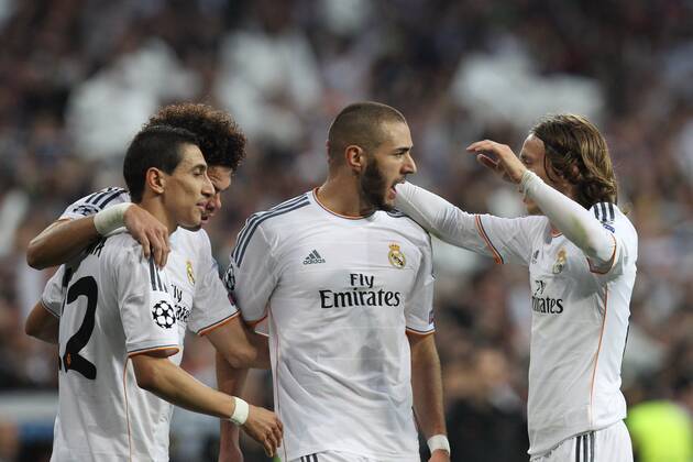 die Mannschaft freut sich über das Tor von Karim Benzema 9 (Real Madrid) zum 1:0 Real Madrid vs. FC Bayern München, Fussball, Champions League, 23.04.2014 EP_ckt