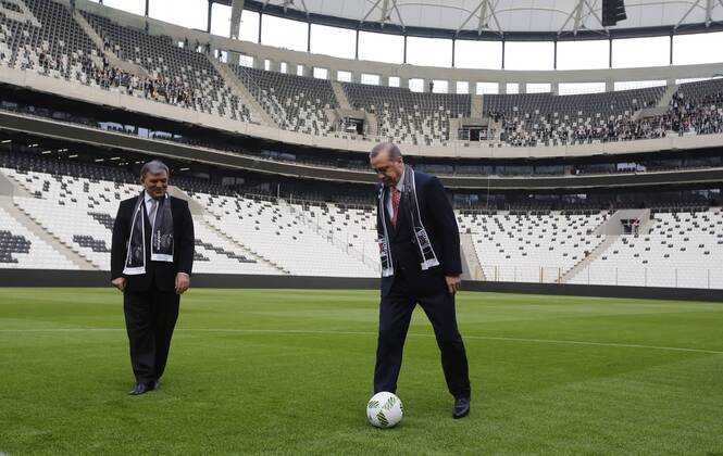 Turkish President Recep Tayyip Erdogan and 11. President of Turkey Abdullah Gul plays soccer during the inauguration Vodafone Arena Inonu Stadium, the brand new Istanbul waterfront stadium of the Besiktas.  Copyright: FerhatxMakasci 15349498
