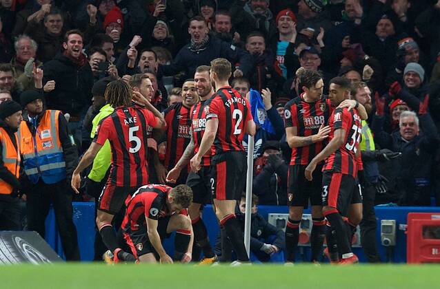 Chelsea v Bournemouth Premier League AFC Bournemouth players celebrate after Callum Wilson of AFC Bournemouth scores the opening goal during the Premier League match at Stamford Bridge, London Content Not Available For UK Newspapers Copyright: xAlanxStanfordx FIL-11296-0024