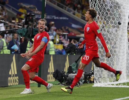 Harry Kane of England celebrates scoring the first goal from a penalty during the FIFA World Cup WM Weltmeisterschaft Fussball 2018 Round of 16 match at the Spartak Stadium, Moscow. Picture date 3rd July 2018. Picture credit should read: David Klein Sportimage EDITORIAL USE ONLY. No use with unauthorised audio, video, data, fixture lists, club league logos or live services. Online in-match use limited to 120 images, no video emulation. No use in betting, games or single club league player publications.