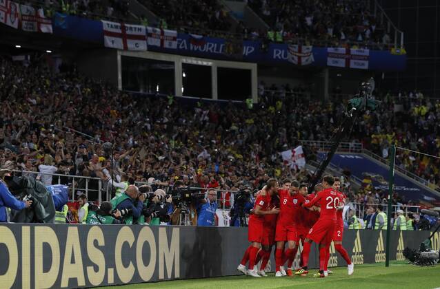 Harry Kane of England celebrates scoring the first goal from the penalty spot during the FIFA World Cup WM Weltmeisterschaft Fussball 2018 Round of 16 match at the Spartak Stadium, Moscow. Picture date 3rd July 2018. Picture credit should read: David Klein Sportimage EDITORIAL USE ONLY. No use with unauthorised audio, video, data, fixture lists, club league logos or live services. Online in-match use limited to 120 images, no video emulation. No use in betting, games or single club league player publications.