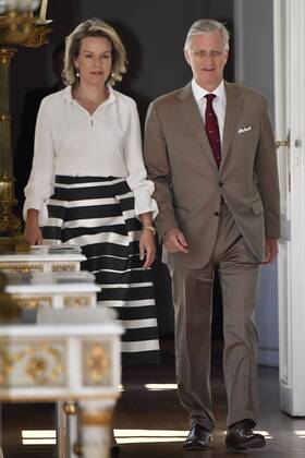 Queen Mathilde of Belgium and King Philippe - Filip of Belgium arrive at the Royal castle in Laken - Laeken, as Belgian national soccer team Red Devils are received by Royal couple after the presence in the semi-final of the soccer World cup in Russia, Sunday 15 July 2018. ERICxLALMAND  x05386515x