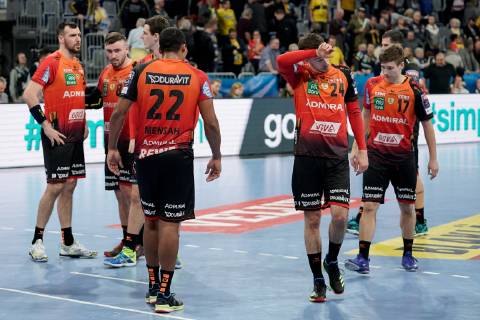Player of the Rhein Neckar Lions disappointed about the defeat disappointment after the final whistle highlight losers lost frustration disappointed pessimistic handball Champions League Rhein Neckar Lions RK Vardar Skopje xozx