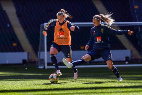 190402 Stina Blackstenius and Amanda Ilestedt of the Swedish women national football team during a training session on April 2 2019 in Stockholm,  Copyright: SIMONxHASTEGARD BB190402BB135