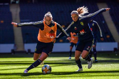 190402 Stina Blackstenius and Amanda Ilestedt of the Swedish women national football team during a training session on April 2 2019 in Stockholm, Copyright: SIMONxHASTEGARD BB190402BB136