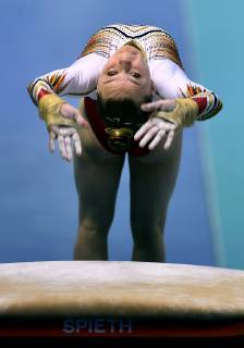 Belgian gymnast Jade Vansteenkiste pictured in action during the vault at the qualifications at the European Championships Artistic Gymanstics in Szczecin, Poland, Thursday 11 April 2019. The EC are taking place from 10 to 14 April. ERICxLALMAND x05565951x