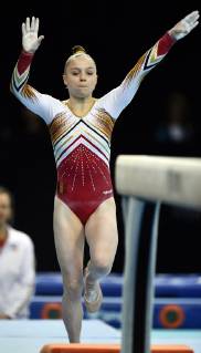 Belgian gymnast Jade Vansteenkiste pictured in action at the beam during qualifications at the European Championships Artistic Gymanstics in Szczecin, Poland, Thursday 11 April 2019. The EC are taking place from 10 to 14 April. ERICxLALMAND  x05565959x