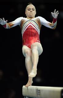 Belgian gymnast Jade Vansteenkiste pictured in action at the beam during qualifications at the European Championships Artistic Gymanstics in Szczecin, Poland, Thursday 11 April 2019. The EC are taking place from 10 to 14 April. ERICxLALMAND  x05565960x