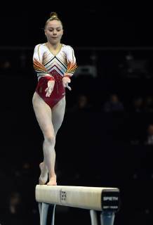Belgian gymnast Jade Vansteenkiste pictured in action at the beam during qualifications at the European Championships Artistic Gymanstics in Szczecin, Poland, Thursday 11 April 2019. The EC are taking place from 10 to 14 April. ERICxLALMAND  x05565956x
