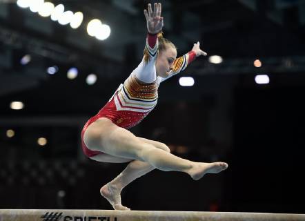 Belgian gymnast Jade Vansteenkiste pictured in action at the beam during qualifications at the European Championships Artistic Gymanstics in Szczecin, Poland, Thursday 11 April 2019. The EC are taking place from 10 to 14 April. ERICxLALMAND  x05565957x