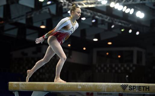 Belgian gymnast Jade Vansteenkiste pictured in action at the beam during qualifications at the European Championships Artistic Gymanstics in Szczecin, Poland, Thursday 11 April 2019. The EC are taking place from 10 to 14 April. ERICxLALMAND  x05565958x