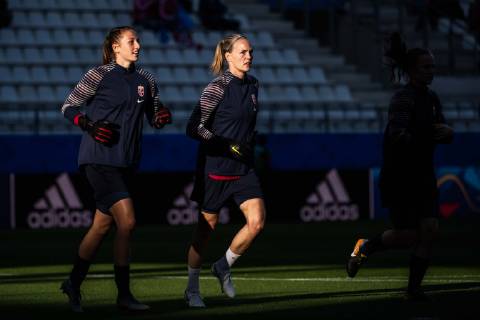 190608 Goalkeeper Cecilie Haustaker Fiskerstrand and goalkeeper Ingrid Hjelmseth of Norway during warm up ahead of the FIFA Women s World Cup match between Norway and Nigeria on June 8, 2019 in Reims Photo Fredrik Varfjell BILDBYRAN kod FV 150256,  Copyright: FREDRIKxVARFJELL BB190608FV013