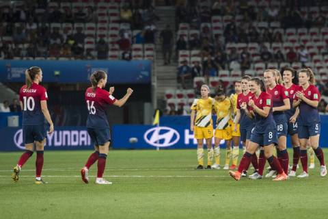 190622 Guro Reiten of Norway celebrates after scoring during the FIFA Womens World Cup match between Norway and Australia on June 22, 2019 in Nice Photo Fredrik Varfjell IMAGE code FV 150275 bbeng football football football women lady women norway norway Australia Australia France France World Cup 2019 World Cup FIFA Womens World Cup 2019 cheers,  Copyright: FREDRIKxVARFJELL BB190622FV124