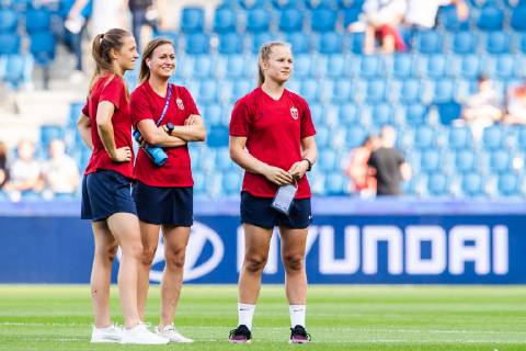 190627 Goalkeeper Cecilie Haustaker Fiskerstrand, Kristine Minde and goalkeeper Oda Maria Hove Bogstad of Norway ahead of the FIFA Womens World Cup match between Norway and England on June 27, 2019 in Le Havre Photo Fredrik Varfjell IMAGE code FV 150282 bbeng soccer football football women dam women norway norway England France France quarterfinals quarter finals World Cup 2019 World Championship FIFA Women s World Cup 2019,  Copyright: FREDRIKxVARFJELL BB190627FV004