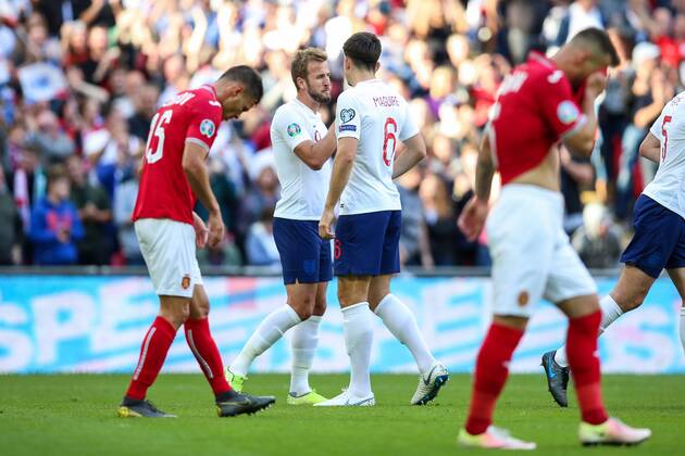 Harry Kane of England celebrates scoring the first goal during the European 2020 Championship Qualifying match at Wembley Stadium, London. Picture date: 7th September 2019. Picture credit should read: James Wilson Sportimage EDITORIAL USE ONLY. No use with unauthorised audio, video, data, fixture lists, club league logos or live services. Online in-match use limited to 120 images, no video emulation. No use in betting, games or single club league player publications. SPI-0193-0007