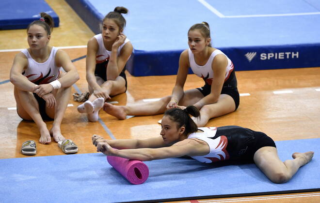 Belgian gymnast Jade Vansteenkiste, Belgian gymnast Julie Vandamme, Belgian gymnast Margaux Daveloose and Belgium gymnast Nina Derwael pictured during a training session of Belgian team ahead of the start of the World Artistic Gymnastics Championships in Stuttgard, Germany, from 4 to 13 October 2019, Thursday 03 October 2019. ERICxLALMAND  x05678121x