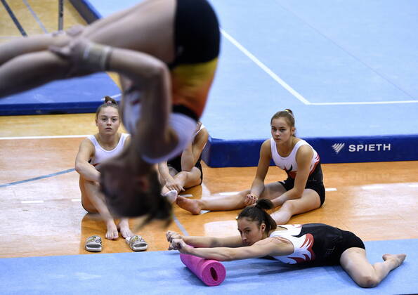 Belgian gymnast Jade Vansteenkiste, Belgian gymnast Julie Vandamme, Belgian gymnast Margaux Daveloose and Belgium gymnast Nina Derwael pictured during a training session of Belgian team ahead of the start of the World Artistic Gymnastics Championships in Stuttgard, Germany, from 4 to 13 October 2019, Thursday 03 October 2019. ERICxLALMAND  x05678122x