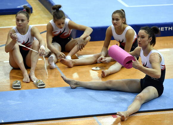 Belgian gymnast Jade Vansteenkiste, Belgian gymnast Julie Vandamme, Belgian gymnast Margaux Daveloose and Belgium gymnast Nina Derwael pictured during a training session of Belgian team ahead of the start of the World Artistic Gymnastics Championships in Stuttgard, Germany, from 4 to 13 October 2019, Thursday 03 October 2019. ERICxLALMAND  x05678123x