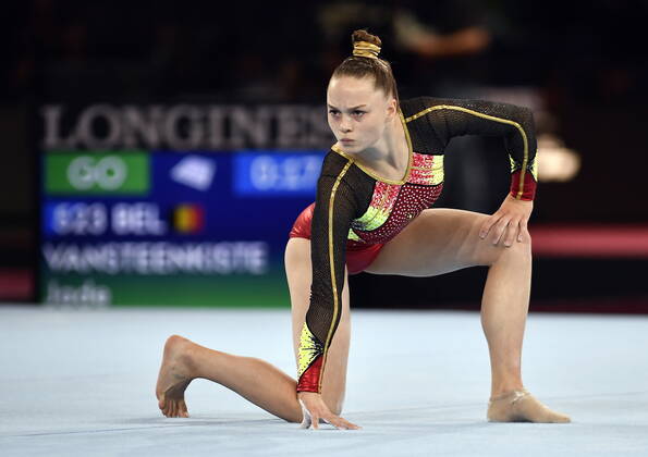 Belgian gymnast Jade Vansteenkiste pictured in action during the qualifications for the women s floor exercise, on day one of the world championships artistic gymnastics, Friday 04 October 2019, in Stuttgart, Germany. The Worlds are taking place from 04 to 13 October. ERICxLALMAND  x05679052x