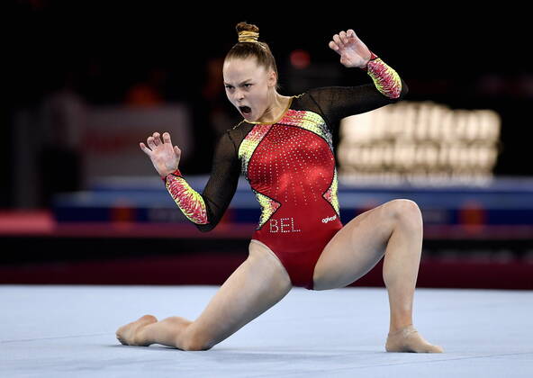 Belgian gymnast Jade Vansteenkiste pictured in action during the qualifications for the women s floor exercise, on day one of the world championships artistic gymnastics, Friday 04 October 2019, in Stuttgart, Germany. The Worlds are taking place from 04 to 13 October. ERICxLALMAND  x05679054x