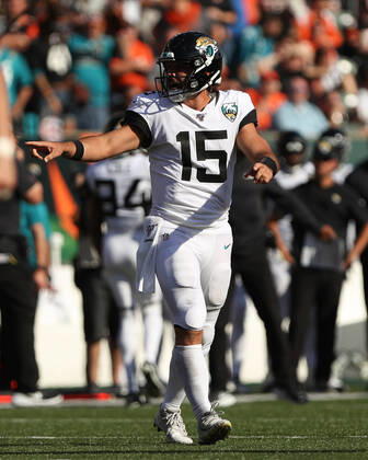 CINCINNATI, OH - OCTOBER 20: Jacksonville Jaguars quarterback Gardner Minshew (15) reacts during the game against the Jacksonville Jaguars and the Cincinnati Bengals on October 20th 2019, at Paul Brown Stadium in Cincinnati, OH. (Photo by Ian Johnson Icon Sportswire) NFL, American Football Herren, USA OCT 20 Jaguars at Bengals Icon191020085
