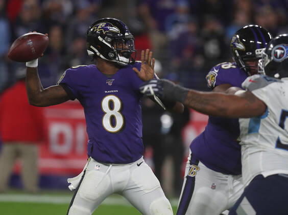Baltimore Ravens quarterback Lamar Jackson (8) in action during the AFC divisional playoff against the Tennessee Titans at M&T Bank Stadium in Baltimore, Maryland on January 11, 2020. Photo Mike Buscher Cal Media NFL, American Football Herren, USA 2020: Titans vs Ravens JAN 11 - ZUMAc04_ 20200111_zaf_c04_229 Copyright: xMikexBuscher CalxSportxMediax
