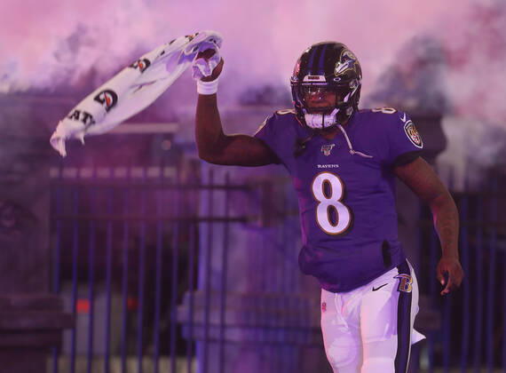 Baltimore Ravens quarterback Lamar Jackson (8) is introduced prior to the AFC divisional playoff against the Tennessee Titans at M&T Bank Stadium in Baltimore, Maryland on January 11, 2020. Photo Mike Buscher Cal Media NFL, American Football Herren, USA 2020: Titans vs Ravens JAN 11 - ZUMAc04_ 20200111_zaf_c04_237 Copyright: xMikexBuscher CalxSportxMediax