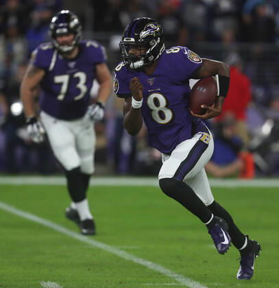 Baltimore Ravens quarterback Lamar Jackson (8) in action during the AFC divisional playoff against the Tennessee Titans at M&T Bank Stadium in Baltimore, Maryland on January 11, 2020. Photo Mike Buscher Cal Media NFL, American Football Herren, USA 2020: Titans vs Ravens JAN 11 - ZUMAc04_ 20200111_zaf_c04_238 Copyright: xMikexBuscher CalxSportxMediax
