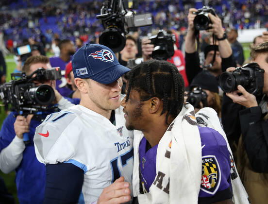 Baltimore Ravens quarterback Lamar Jackson (8) and Tennessee Titans quarterback Ryan Tannehill (17) embrace after the Titans defeat the Ravens 28-12 in the AFC divisional playoff at M&T Bank Stadium in Baltimore, Maryland on January 11, 2020. Photo Mike Buscher Cal Media NFL, American Football Herren, USA 2020: Titans vs Ravens JAN 11 - ZUMAc04_ 20200111_zaf_c04_391 Copyright: xMikexBuscher CalxSportxMediax