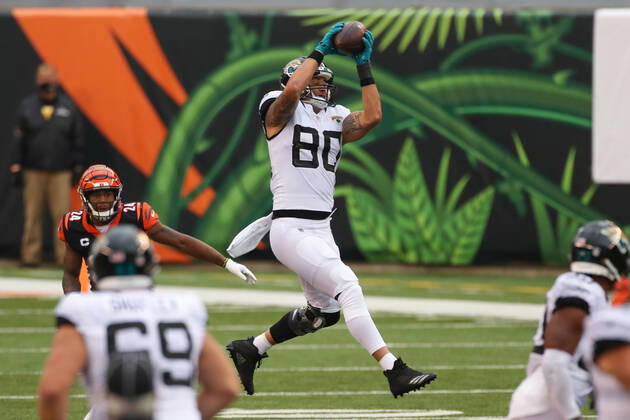 CINCINNATI, OH - OCTOBER 04: Jacksonville Jaguars tight end James O Shaughnessy (80) catches a pass during the game against the Jacksonville Jaguars and the Cincinnati Bengals on October 4, 2020, at Paul Brown Stadium in Cincinnati, OH. (Photo by Ian Johnson Icon Sportswire) NFL, American Football Herren, USA OCT 04 Jaguars at Bengals Icon201004110